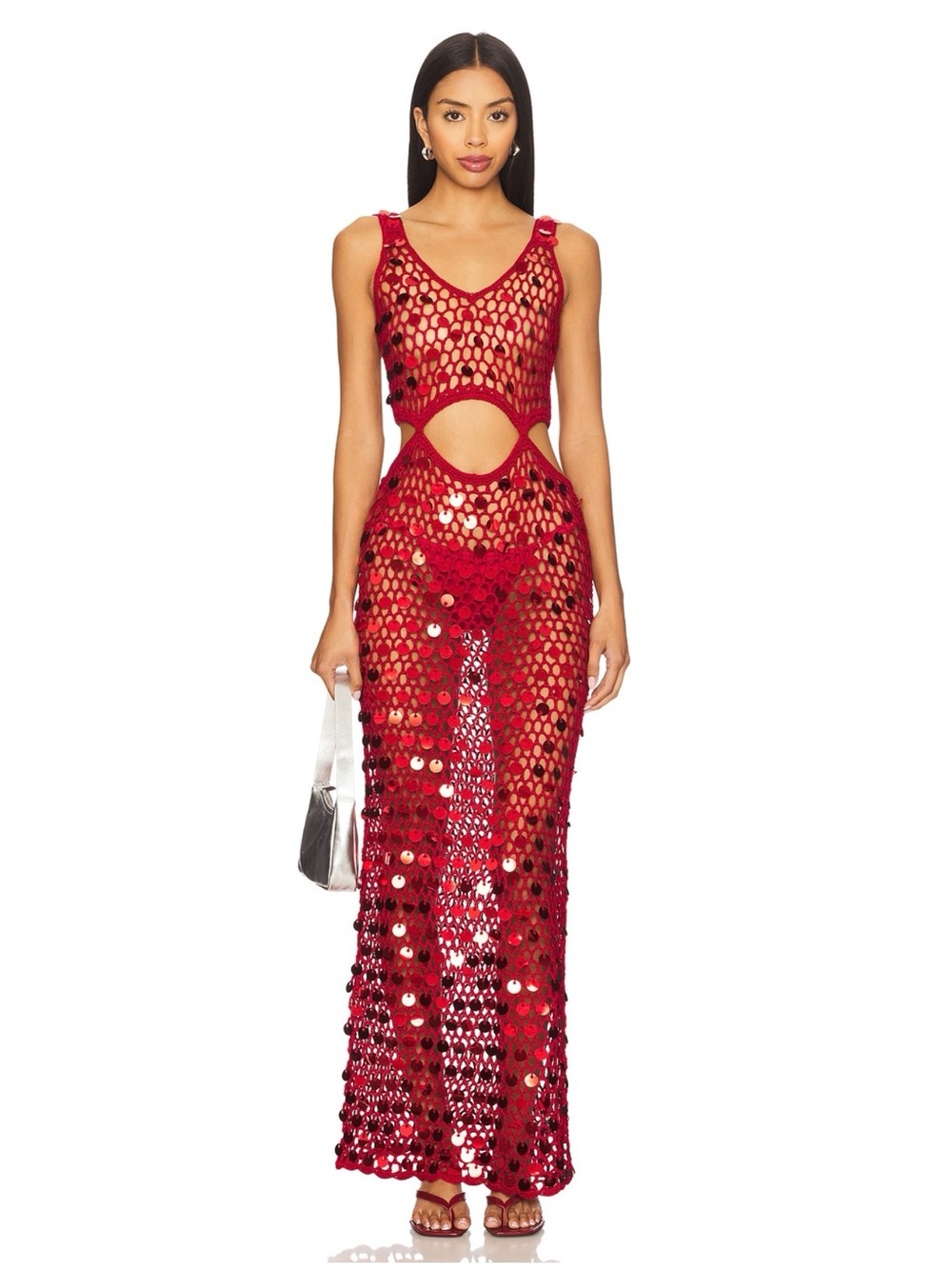 Superdown Elena Red Sequin Cutout Maxi Dress - Size XS